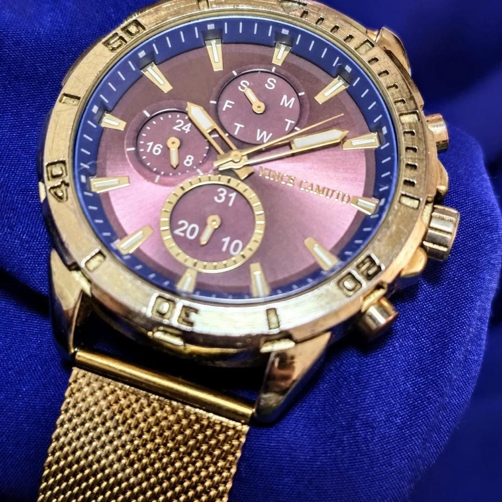 Vince Camuto Gold Tone Wine Dial Day Date 45mm Mens Watch